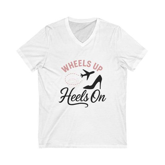 Wheels Up Heels On V-Neck Tee, Travel Shirt, Vacation Top, Afro Hair Black American African Girl T-shirt