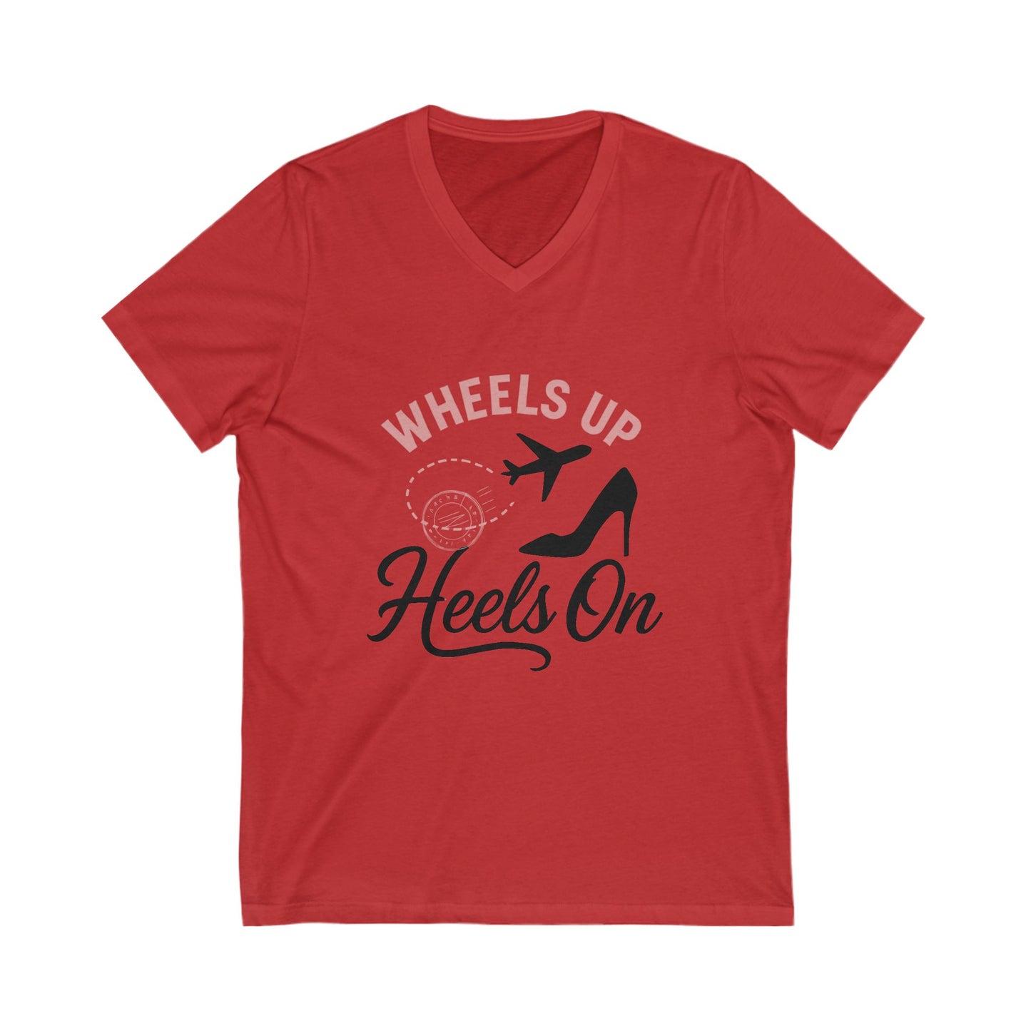 Wheels Up Heels On V-Neck Tee, Travel Shirt, Vacation Top, Afro Hair Black American African Girl T-shirt