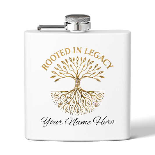 Rooted in Legacy Personalized Stainless Steel Flask. Custom Engraved Hip Flask for Men and Women, Afrocentric Gift Idea