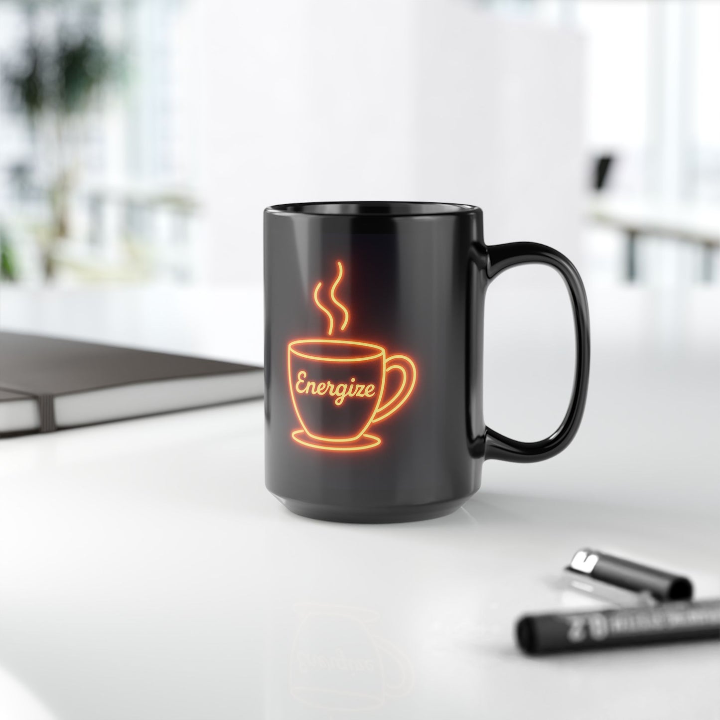 Energetic Black Mug, 15oz Coffee Cup, Motivational Gift, Coffee Lover's Mug, Fun Office Decor, Energize Your Day