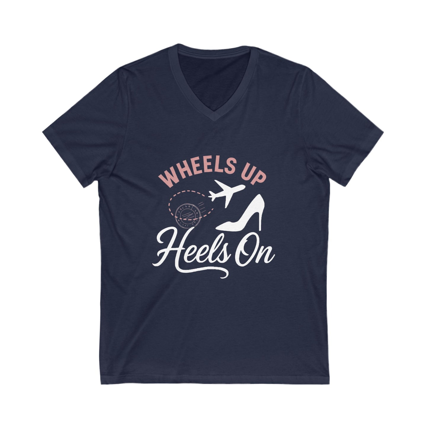 Wheels Up Heels On V-Neck Tee, Travel Shirt, Vacation Top, Afro Hair Black American African Girl T-shirt