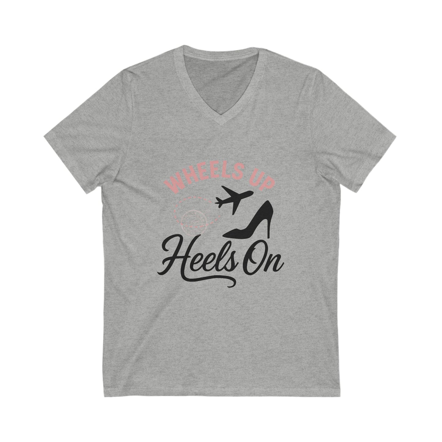 Wheels Up Heels On V-Neck Tee, Travel Shirt, Vacation Top, Afro Hair Black American African Girl T-shirt
