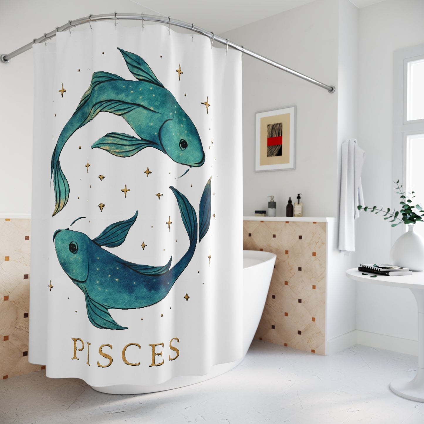 Pisces Shower Curtain, Zodiac Decor, Bathroom Art, Astrology Gift, Unique Fish Design, Birthday. Housewarming Gift