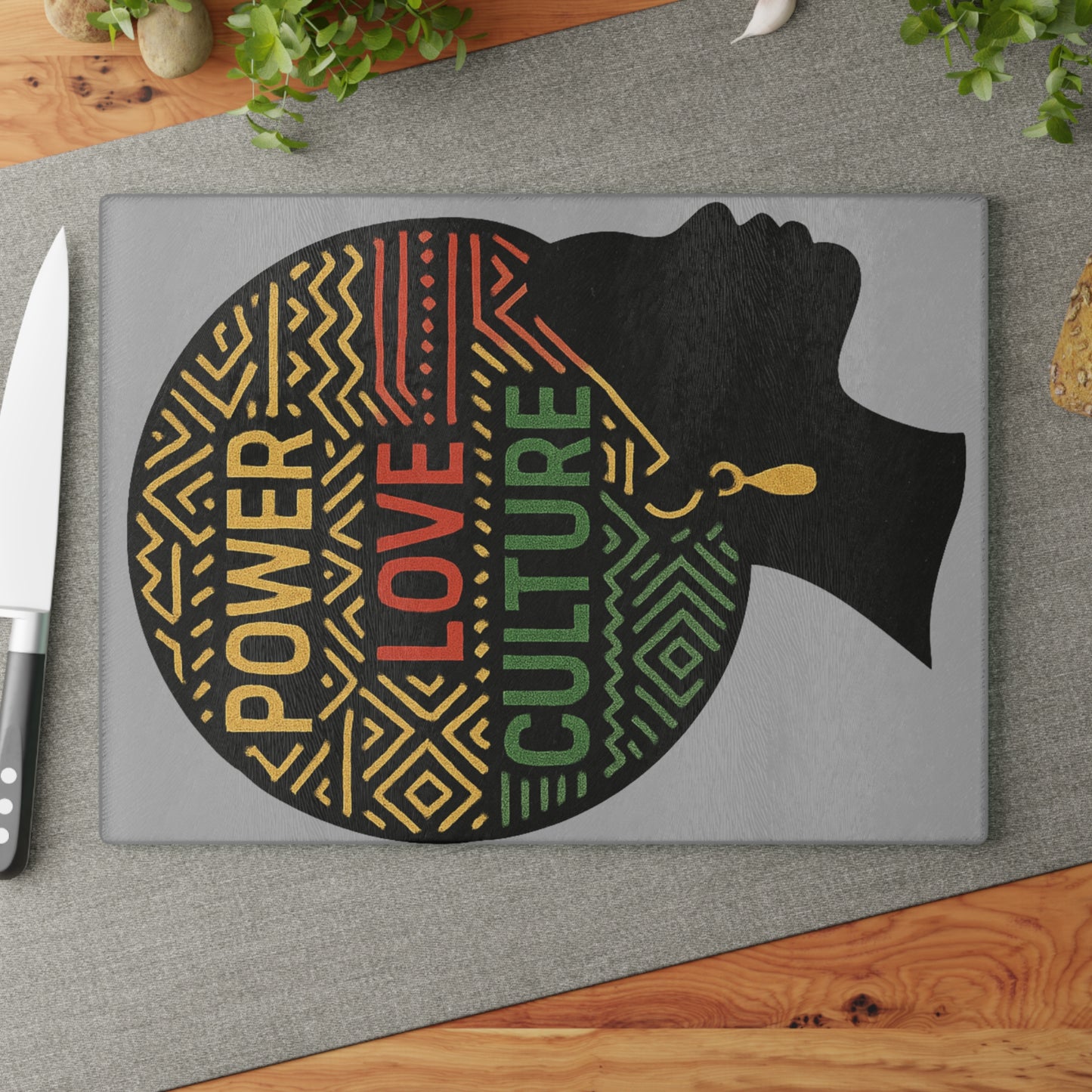 Empowering Glass Cutting Board Featuring "Power, Love, Culture" | Unique Kitchen Gift, Artistic Home Decor, Cultural Celebration