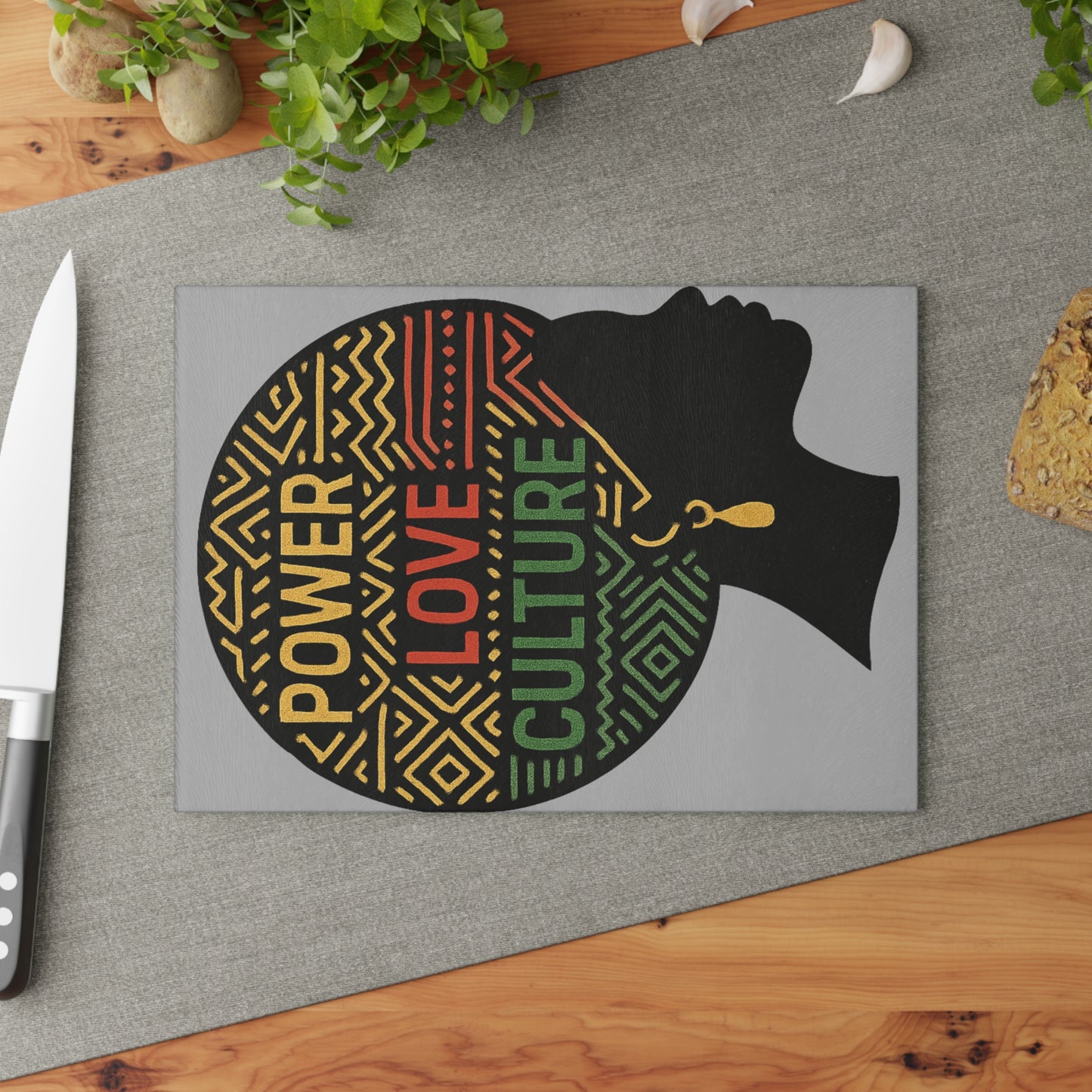 Empowering Glass Cutting Board Featuring "Power, Love, Culture" | Unique Kitchen Gift, Artistic Home Decor, Cultural Celebration