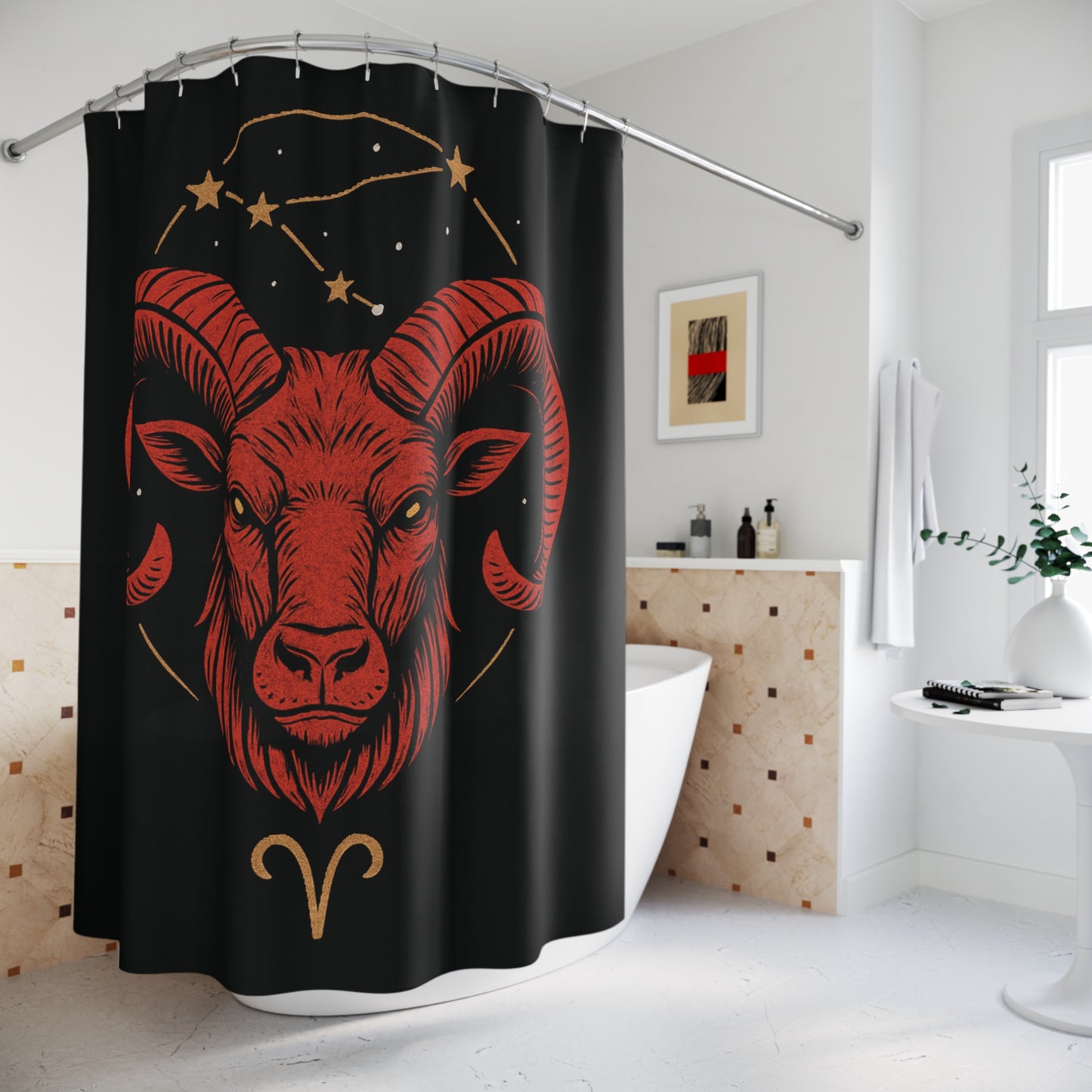 Aries Shower Curtain, Zodiac Decor, Home Bathroom Accessory, Astrology, Horoscope Gift, Star Sign Decoration