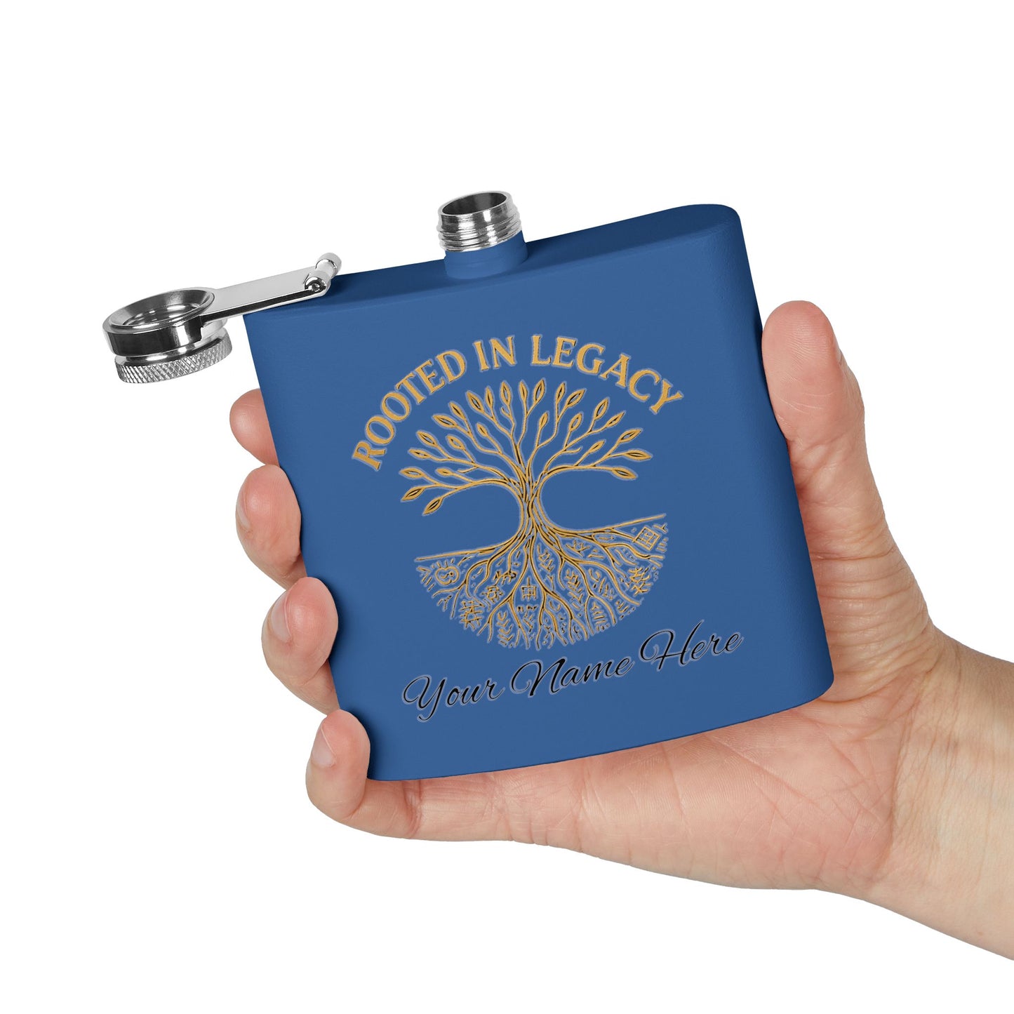 Rooted in Legacy Personalized Stainless Steel Flask. Custom Engraved Hip Flask for Men and Women, Afrocentric Gift Idea
