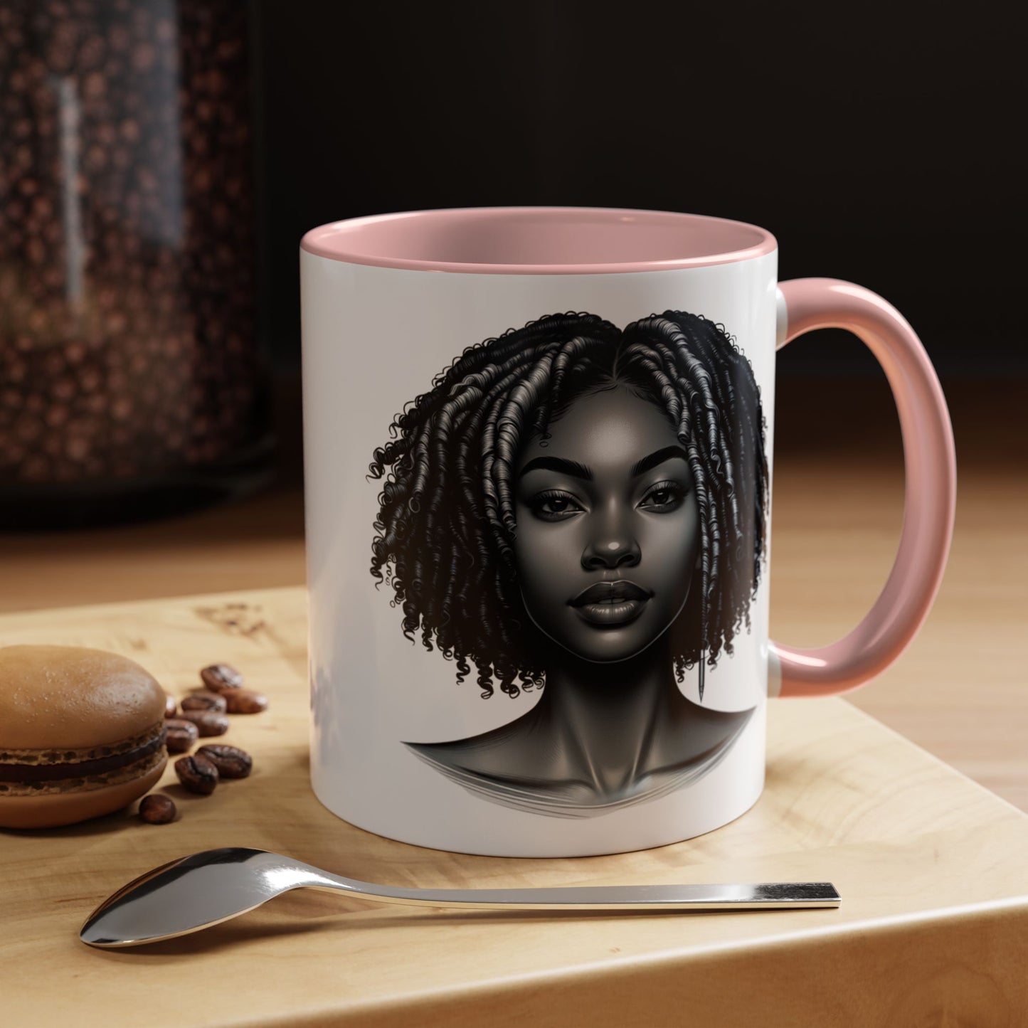 Elegant Black Woman Accent Coffee Mug. Afrocentric Gift for Coffee Lovers, Afro Hair Black American African Girl