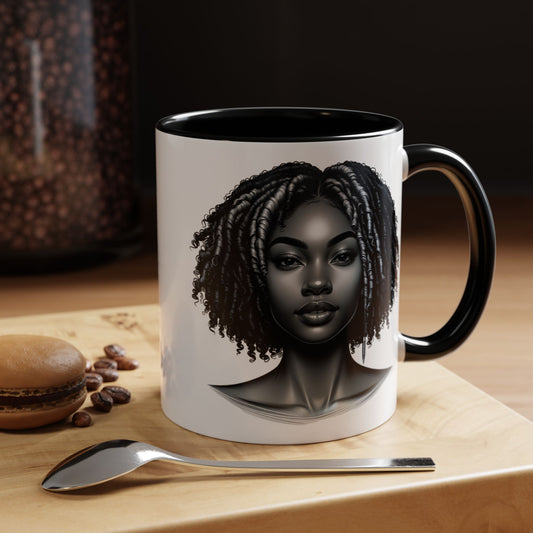 Elegant Black Woman Accent Coffee Mug. Afrocentric Gift for Coffee Lovers, Afro Hair Black American African Girl