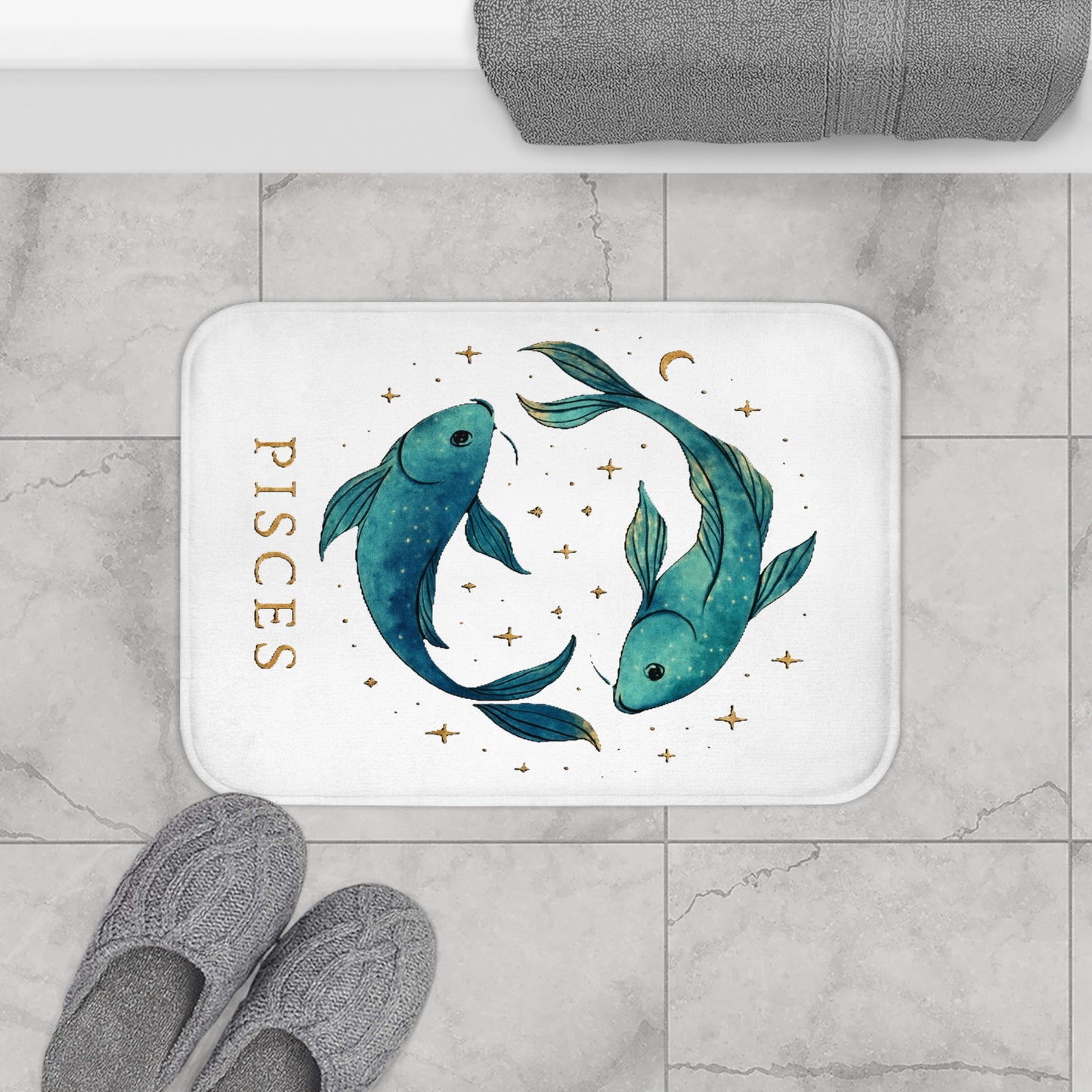 Pisces Bathmat, Zodiac Bathroom Decor, Astrology Home Accessory, Cozy Mat Gift, Fish Design Bathroom Rug