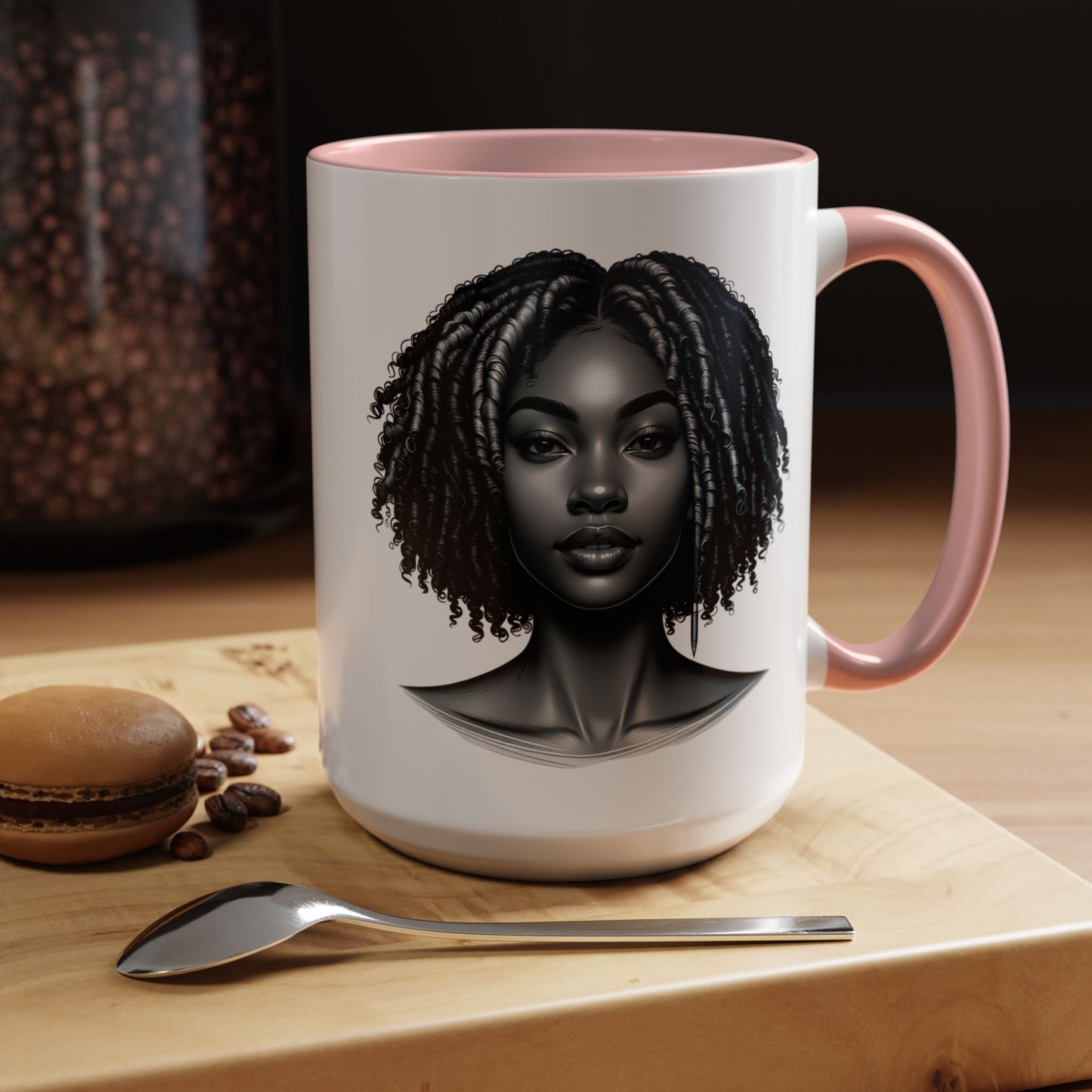 Elegant Black Woman Accent Coffee Mug. Afrocentric Gift for Coffee Lovers, Afro Hair Black American African Girl