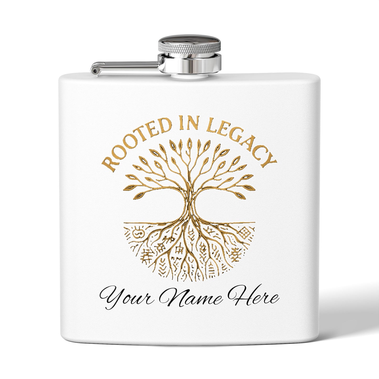 Rooted in Legacy Personalized Stainless Steel Flask. Custom Engraved Hip Flask for Men and Women, Afrocentric Gift Idea