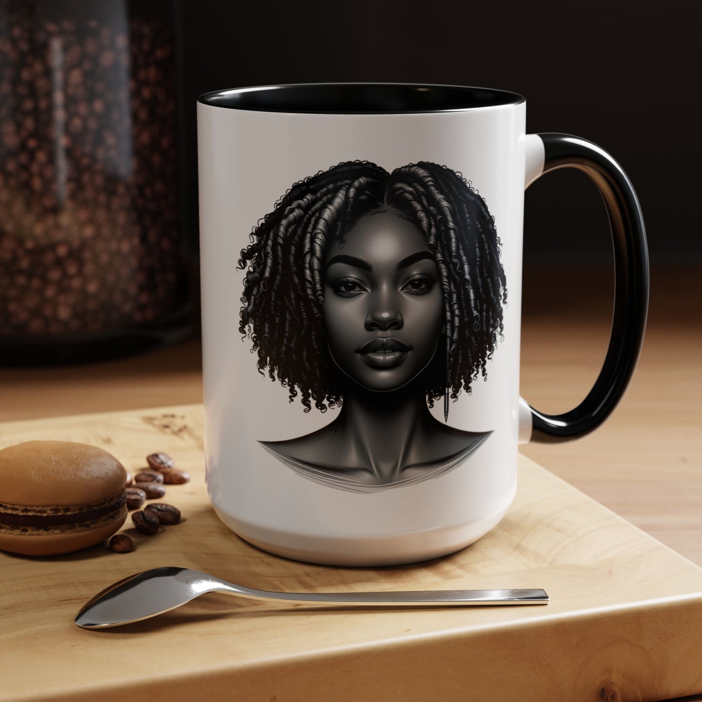 Elegant Black Woman Accent Coffee Mug. Afrocentric Gift for Coffee Lovers, Afro Hair Black American African Girl