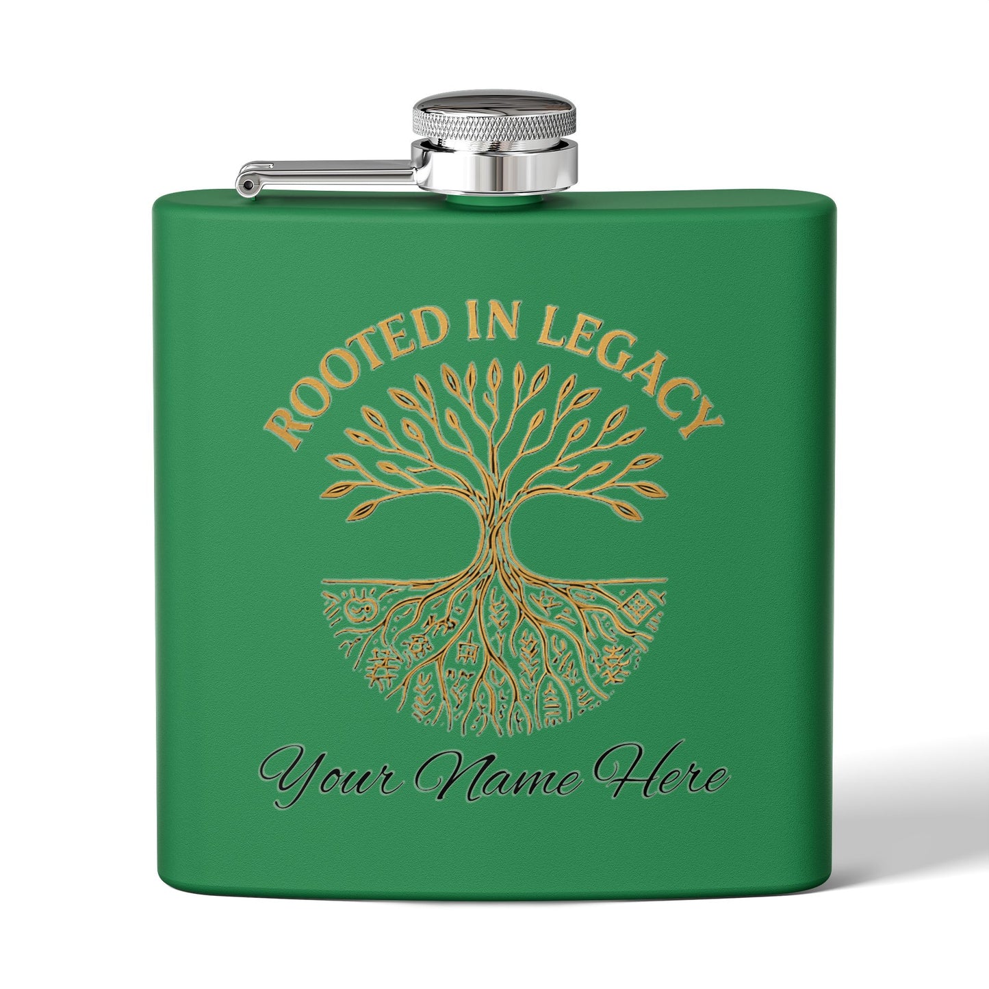 Rooted in Legacy Personalized Stainless Steel Flask. Custom Engraved Hip Flask for Men and Women, Afrocentric Gift Idea