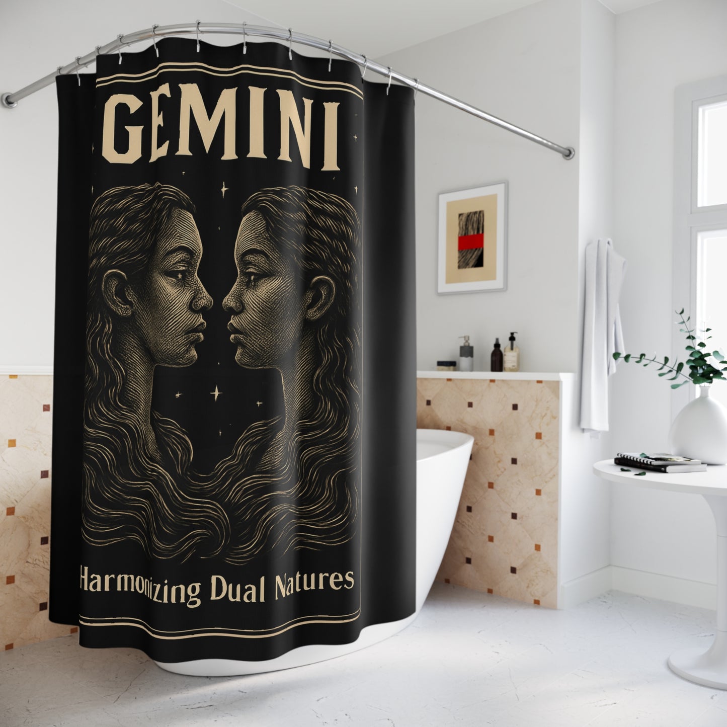 Gemini Zodiac Shower Curtain, Astrological Decor, Celestial Bathroom, Astrology Gift, Twin Sisters Theme