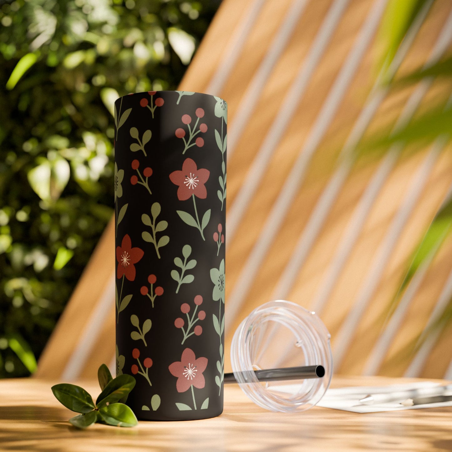 Skinny Tumbler with Straw, 20oz abstract flower design. Travel tumbler