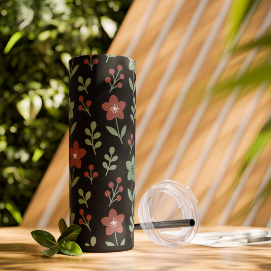 Skinny Tumbler with Straw, 20oz abstract flower design. Travel tumbler