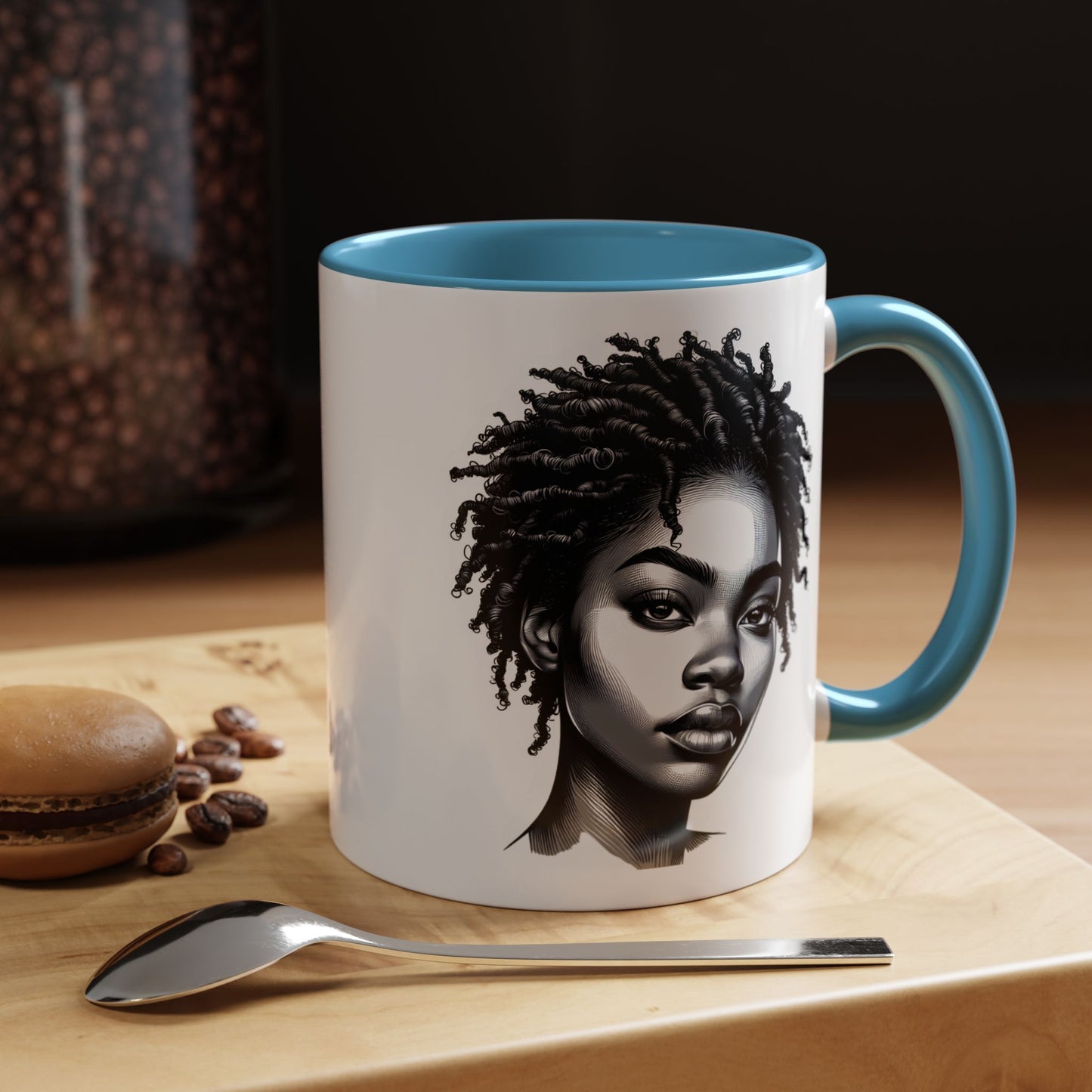 Afrocentric Accent Coffee Mug, Artistic Mug for Home, Unique Gift for Her, Afro Hair Black American African Girl