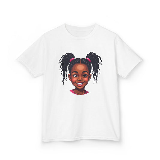 Adorable Kids Cotton Tee with Cheerful Girl Design, Perfect for Everyday Wear Afro Hair Black American African Girl