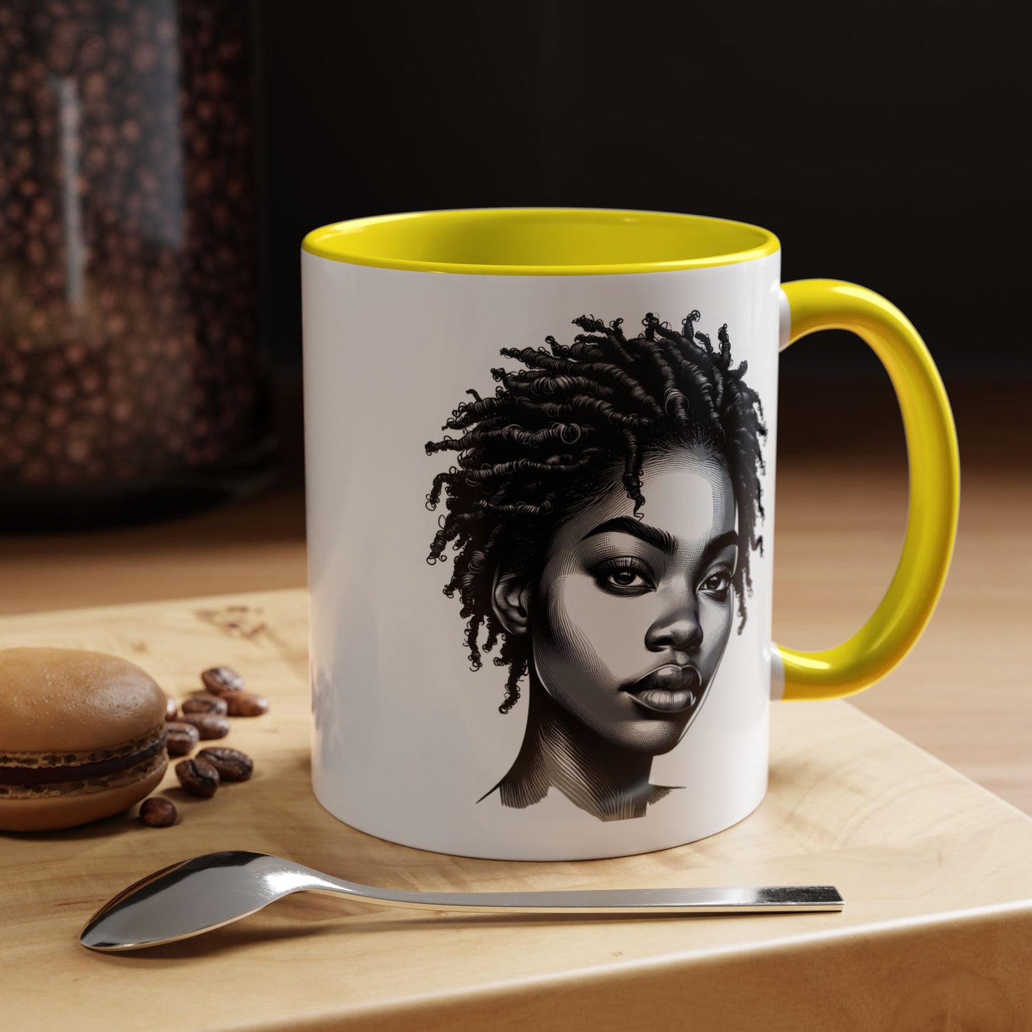 Afrocentric Accent Coffee Mug, Artistic Mug for Home, Unique Gift for Her, Afro Hair Black American African Girl