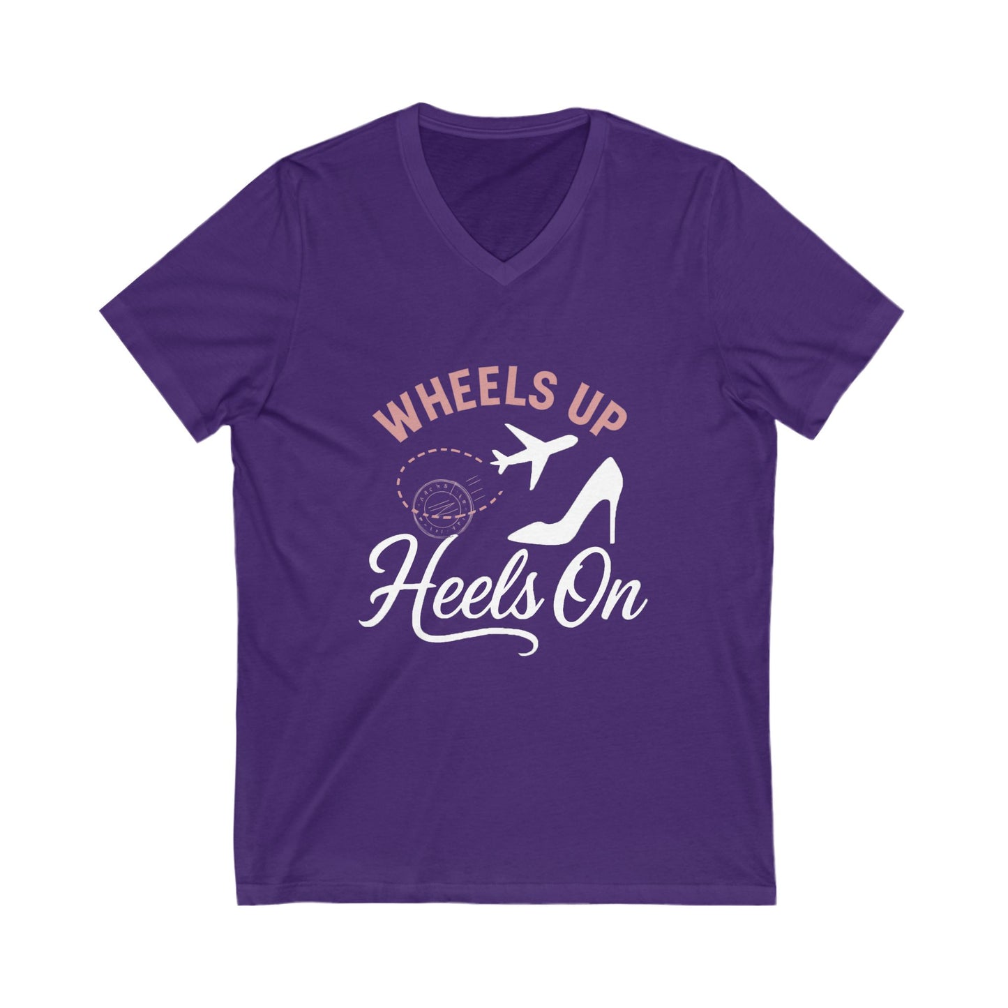 Wheels Up Heels On V-Neck Tee, Travel Shirt, Vacation Top, Afro Hair Black American African Girl T-shirt