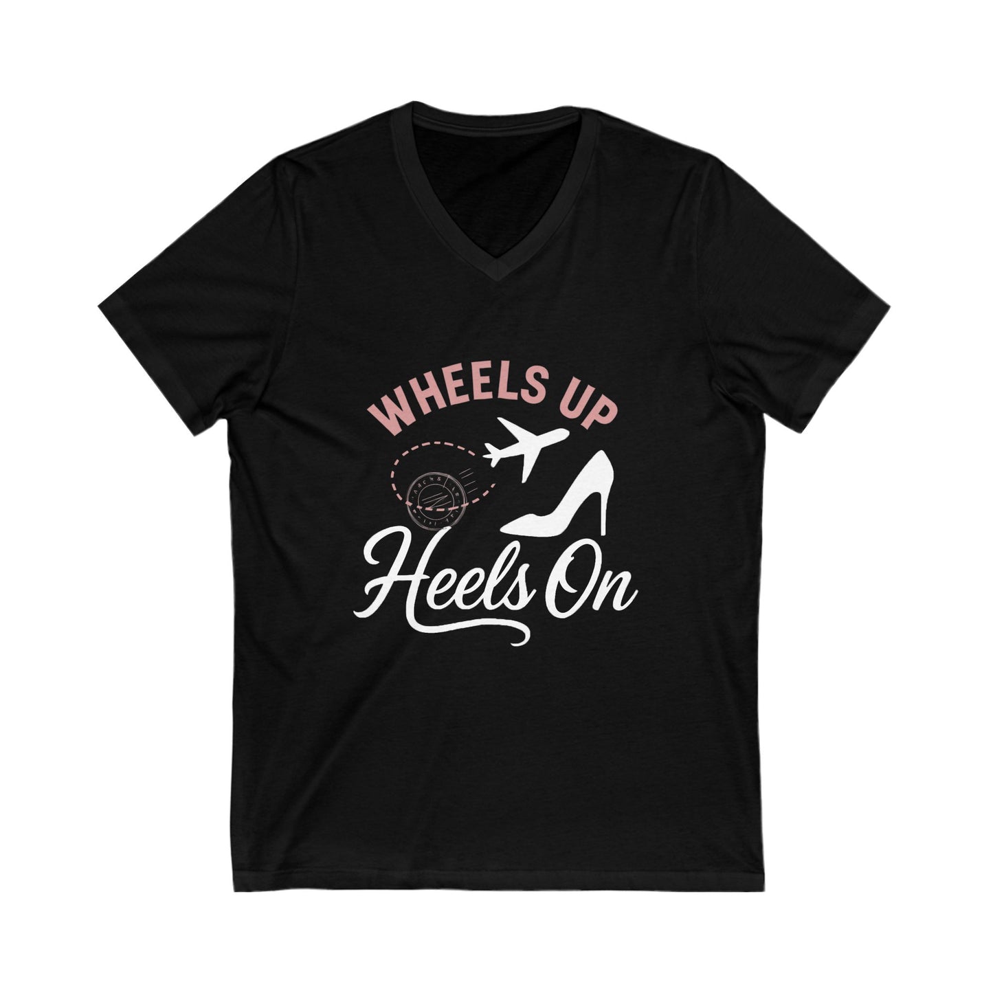 Wheels Up Heels On V-Neck Tee, Travel Shirt, Vacation Top, Afro Hair Black American African Girl T-shirt