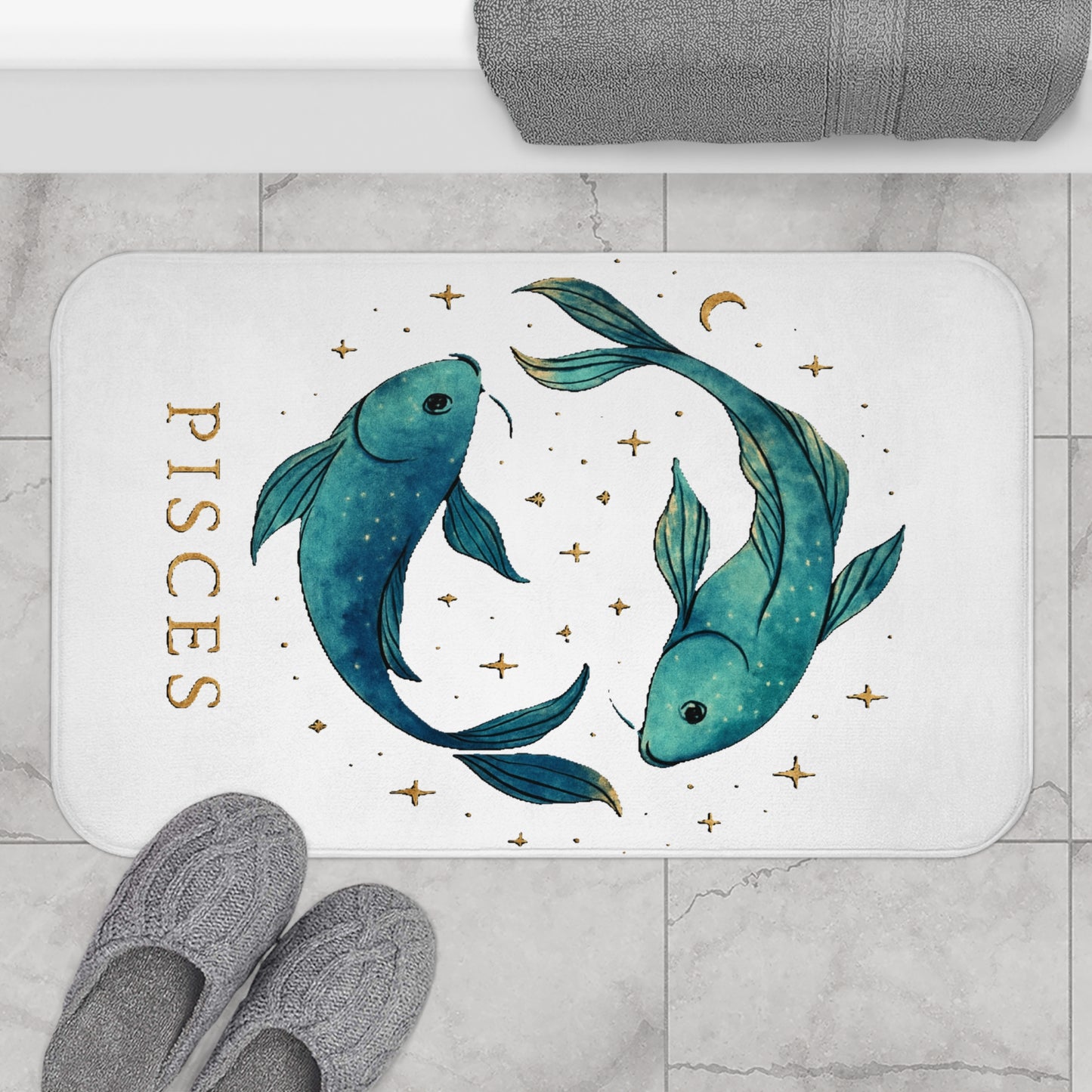 Pisces Bathmat, Zodiac Bathroom Decor, Astrology Home Accessory, Cozy Mat Gift, Fish Design Bathroom Rug