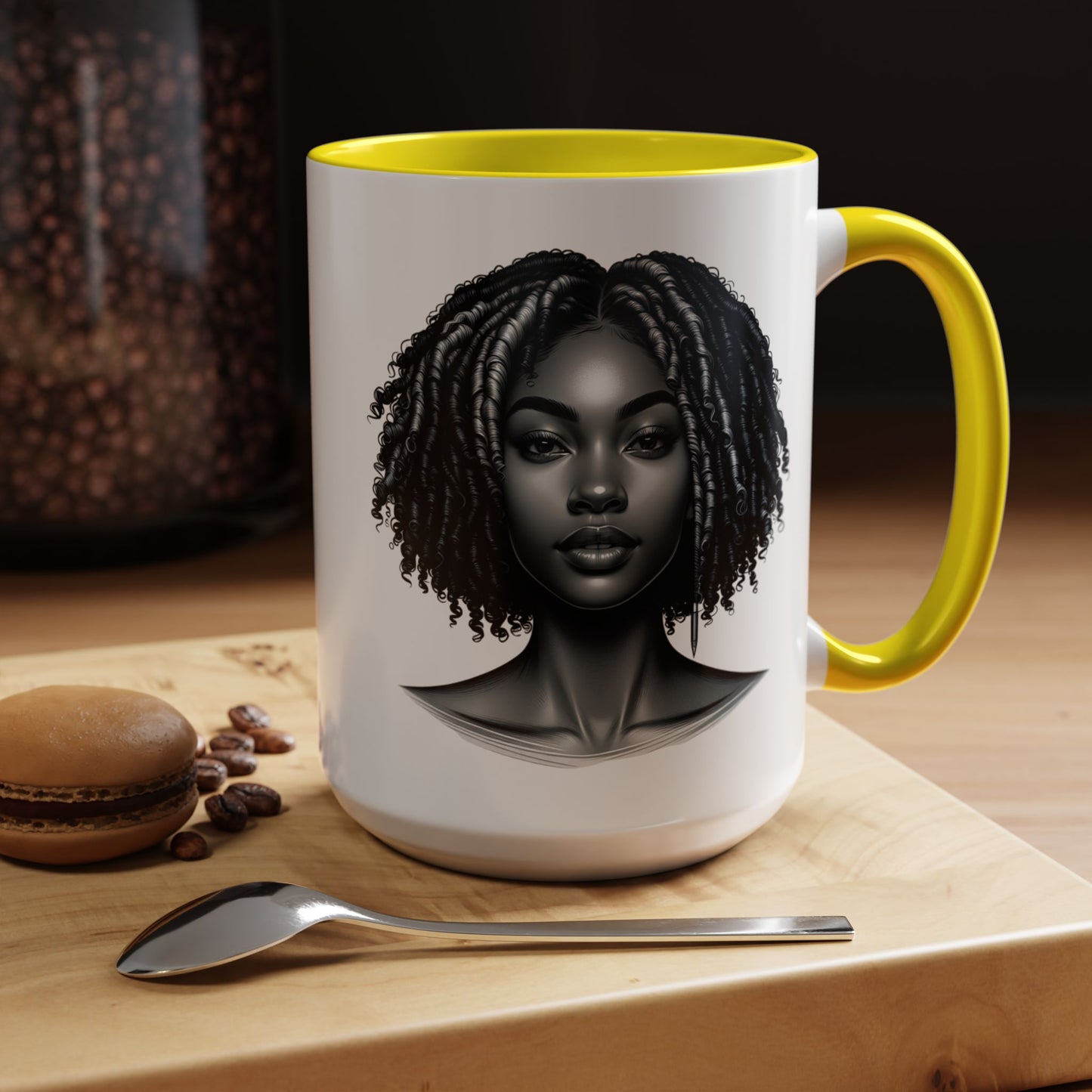 Elegant Black Woman Accent Coffee Mug. Afrocentric Gift for Coffee Lovers, Afro Hair Black American African Girl