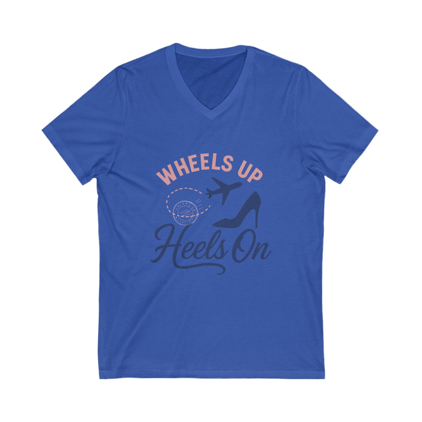Wheels Up Heels On V-Neck Tee, Travel Shirt, Vacation Top, Afro Hair Black American African Girl T-shirt