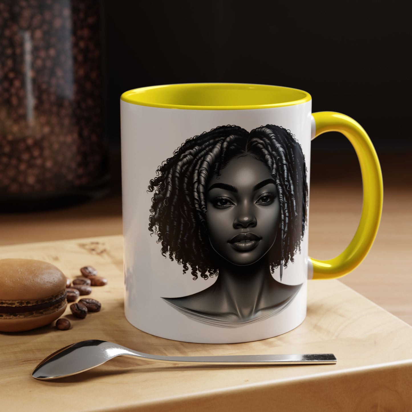 Elegant Black Woman Accent Coffee Mug. Afrocentric Gift for Coffee Lovers, Afro Hair Black American African Girl