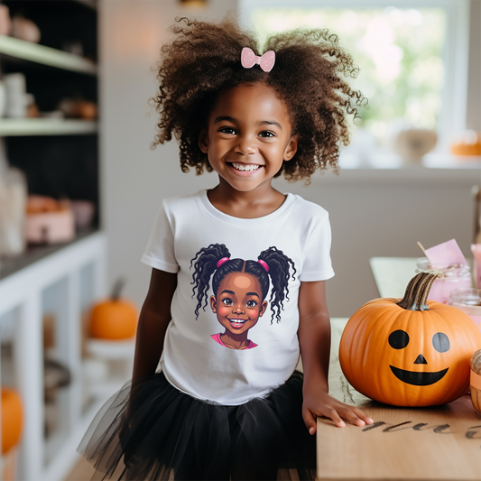 Adorable Kids Cotton Tee with Cheerful Girl Design, Perfect for Everyday Wear Afro Hair Black American African Girl