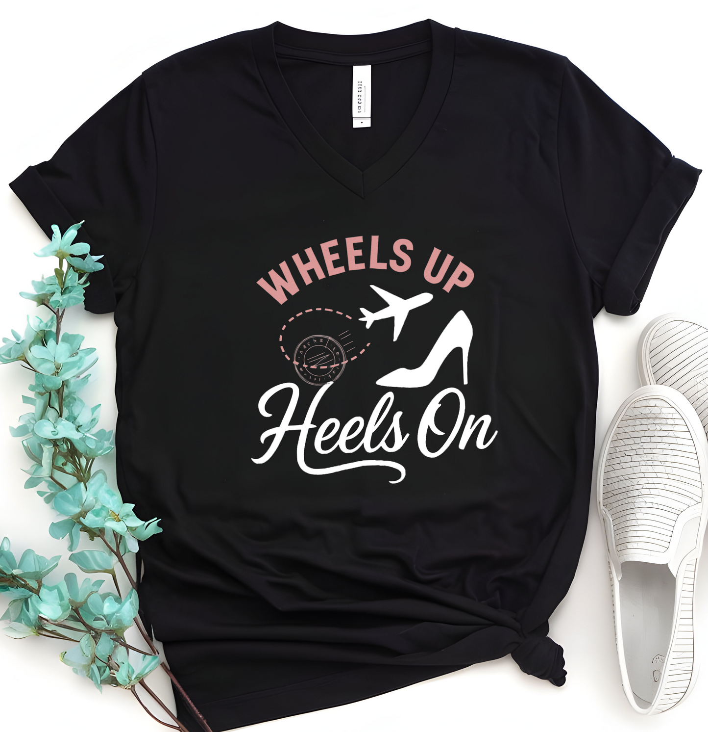 Wheels Up Heels On V-Neck Tee, Travel Shirt, Vacation Top, Afro Hair Black American African Girl T-shirt