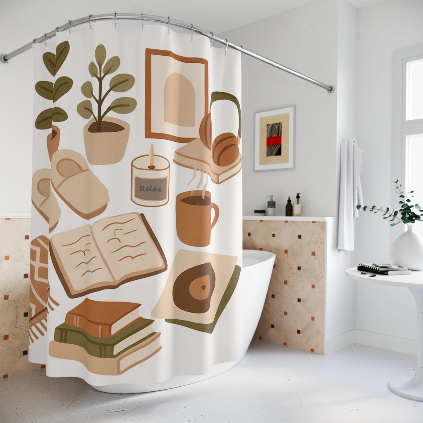 Cozy Vibes Shower Curtain, Home Decor, Bathroom Accessories, Gift for Her, Modern Boho Style, Relaxing Atmosphere
