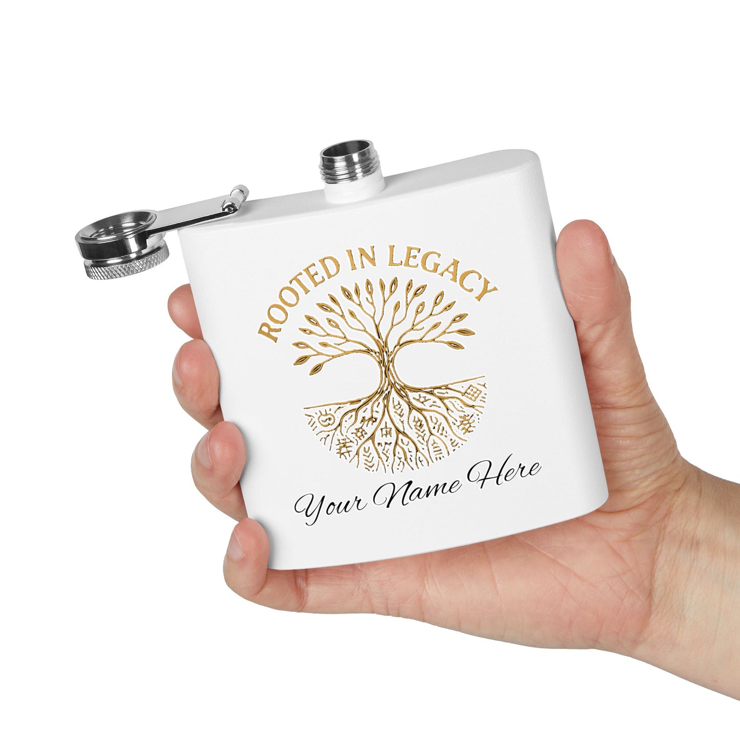 Rooted in Legacy Personalized Stainless Steel Flask. Custom Engraved Hip Flask for Men and Women, Afrocentric Gift Idea