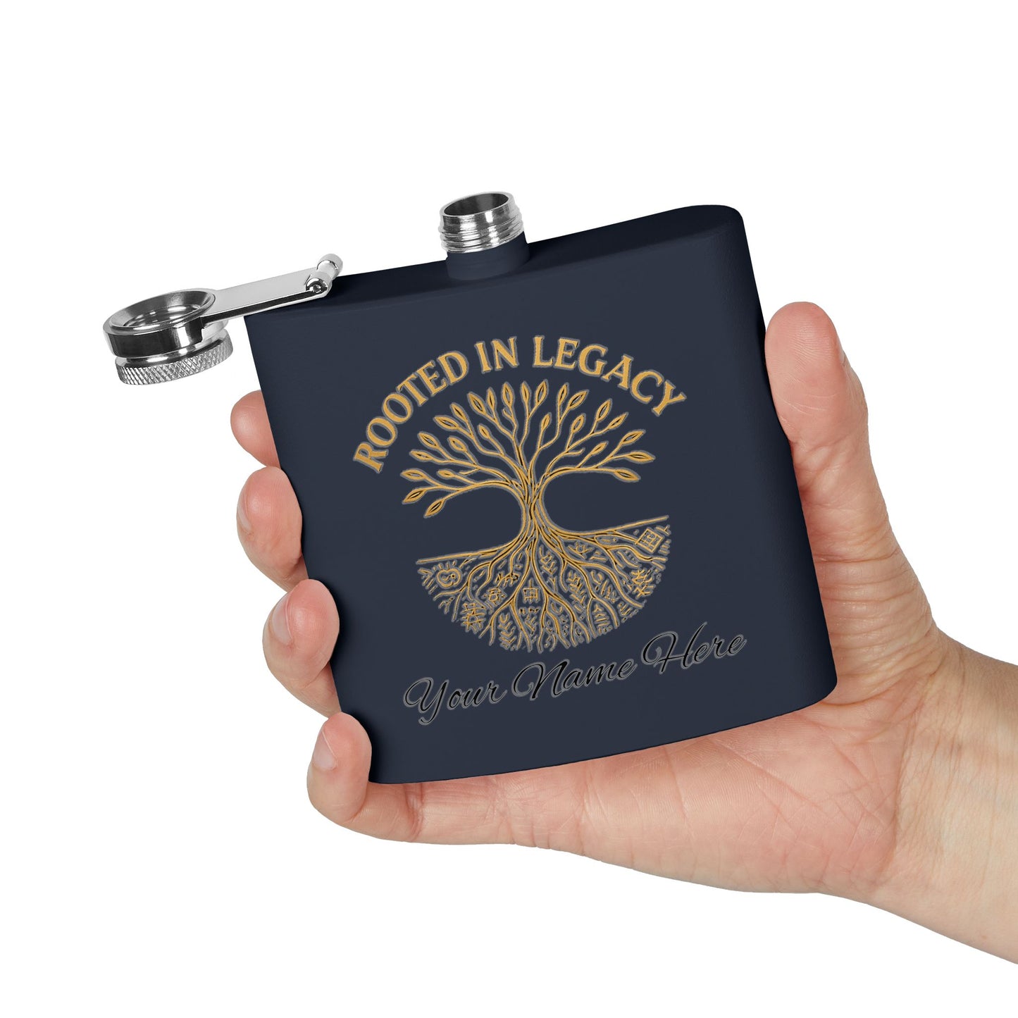 Rooted in Legacy Personalized Stainless Steel Flask. Custom Engraved Hip Flask for Men and Women, Afrocentric Gift Idea
