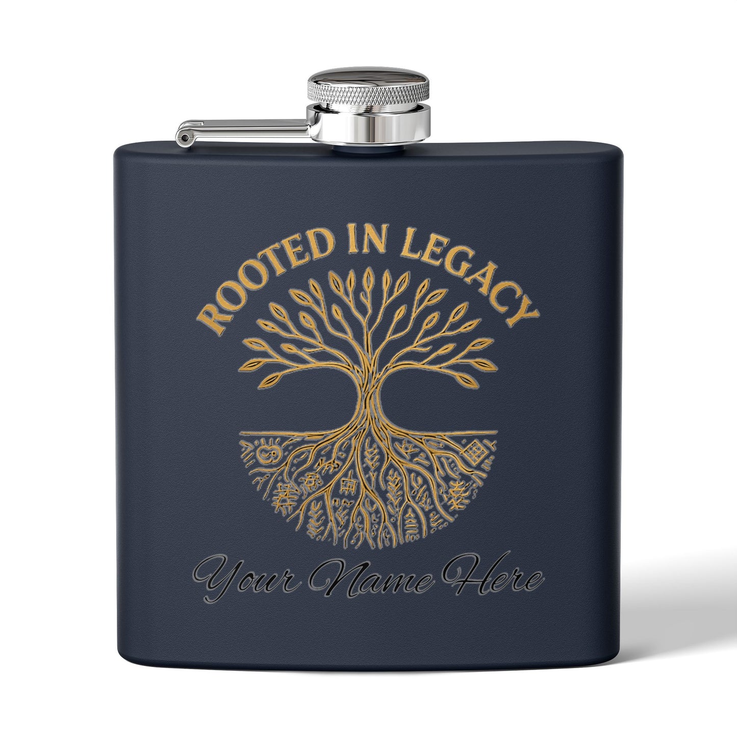 Rooted in Legacy Personalized Stainless Steel Flask. Custom Engraved Hip Flask for Men and Women, Afrocentric Gift Idea