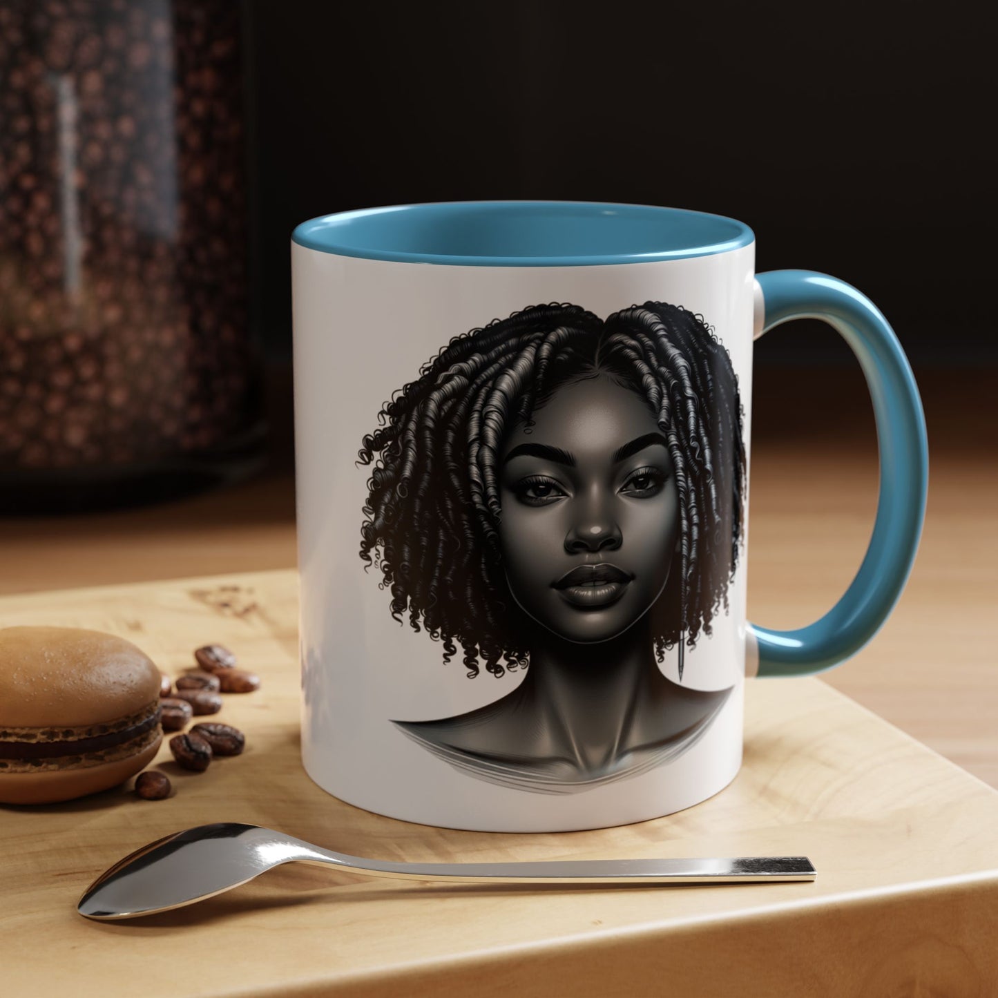 Elegant Black Woman Accent Coffee Mug. Afrocentric Gift for Coffee Lovers, Afro Hair Black American African Girl