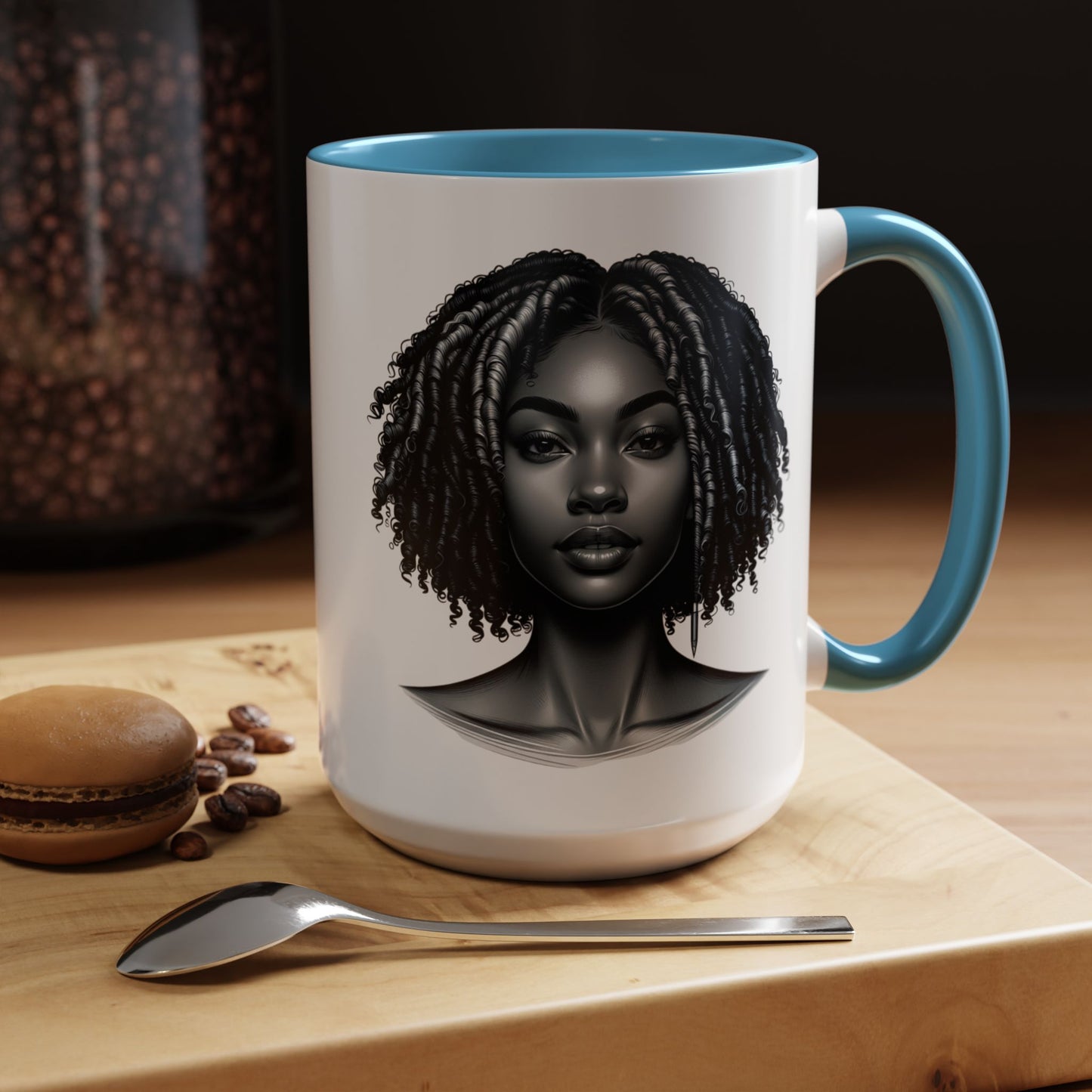 Elegant Black Woman Accent Coffee Mug. Afrocentric Gift for Coffee Lovers, Afro Hair Black American African Girl