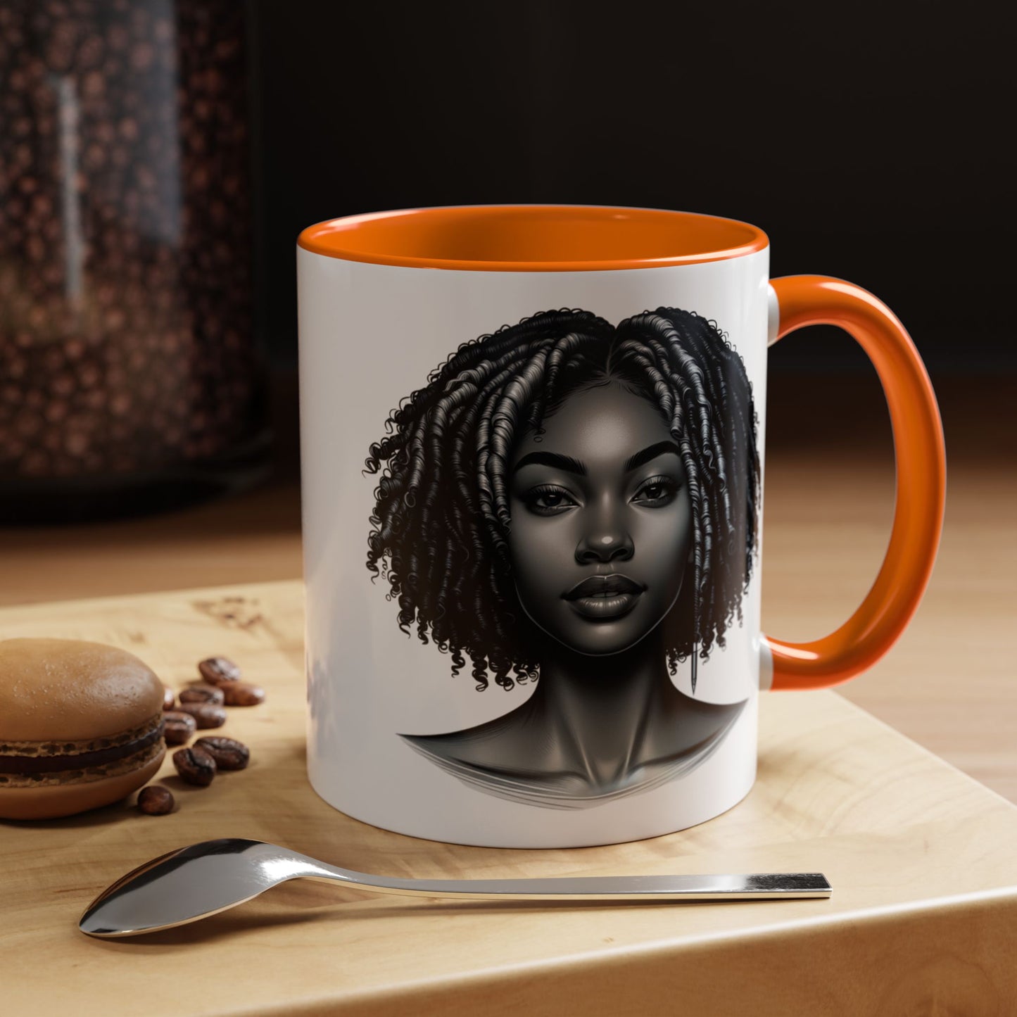 Elegant Black Woman Accent Coffee Mug. Afrocentric Gift for Coffee Lovers, Afro Hair Black American African Girl