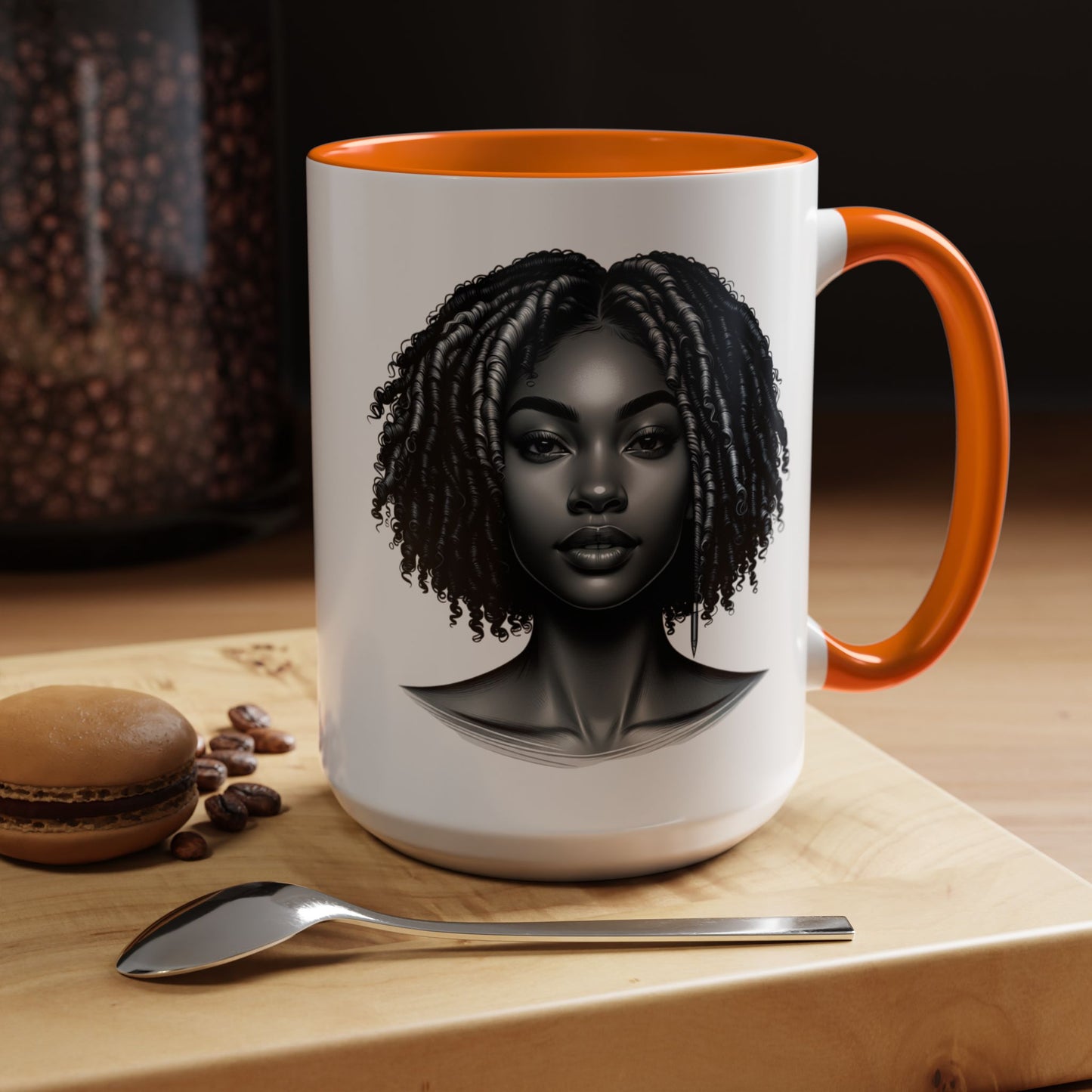 Elegant Black Woman Accent Coffee Mug. Afrocentric Gift for Coffee Lovers, Afro Hair Black American African Girl