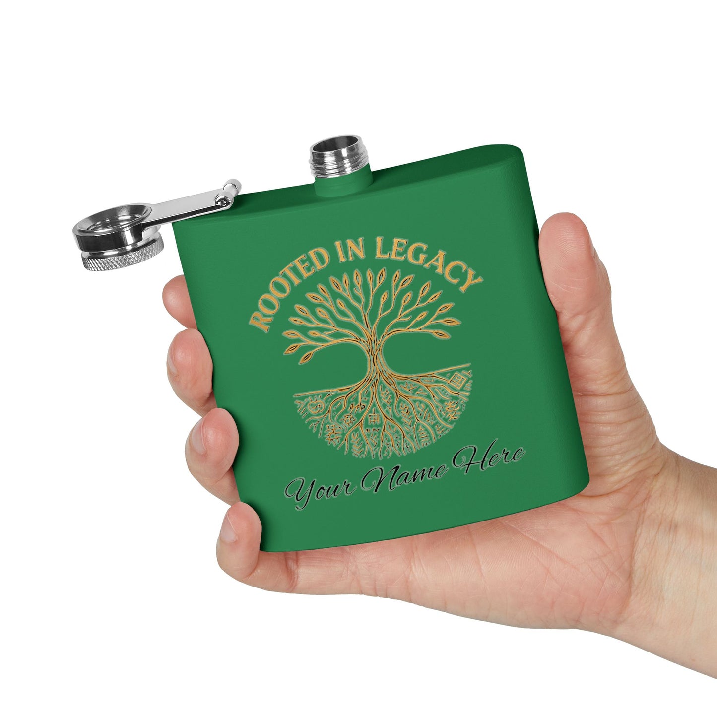 Rooted in Legacy Personalized Stainless Steel Flask. Custom Engraved Hip Flask for Men and Women, Afrocentric Gift Idea