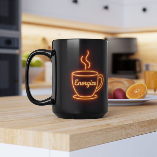Energetic Black Mug, 15oz Coffee Cup, Motivational Gift, Coffee Lover's Mug, Fun Office Decor, Energize Your Day