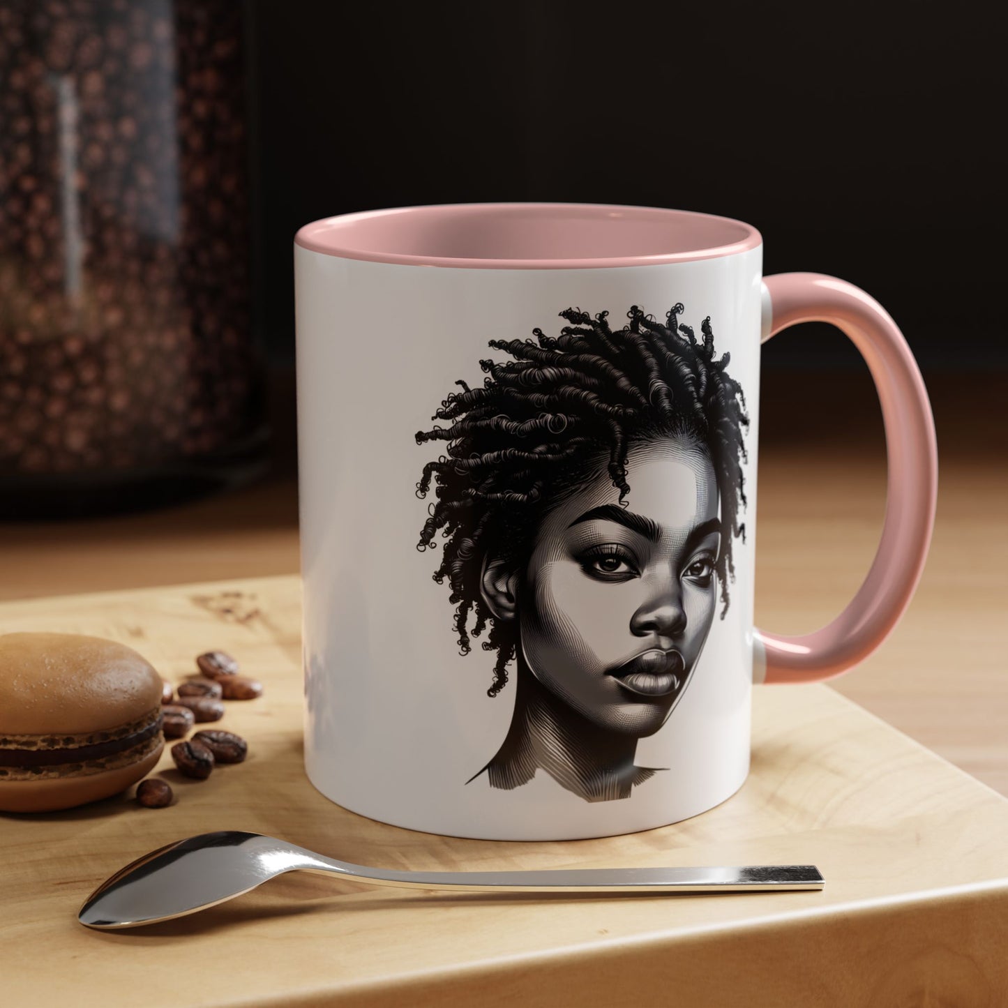 Afrocentric Accent Coffee Mug, Artistic Mug for Home, Unique Gift for Her, Afro Hair Black American African Girl