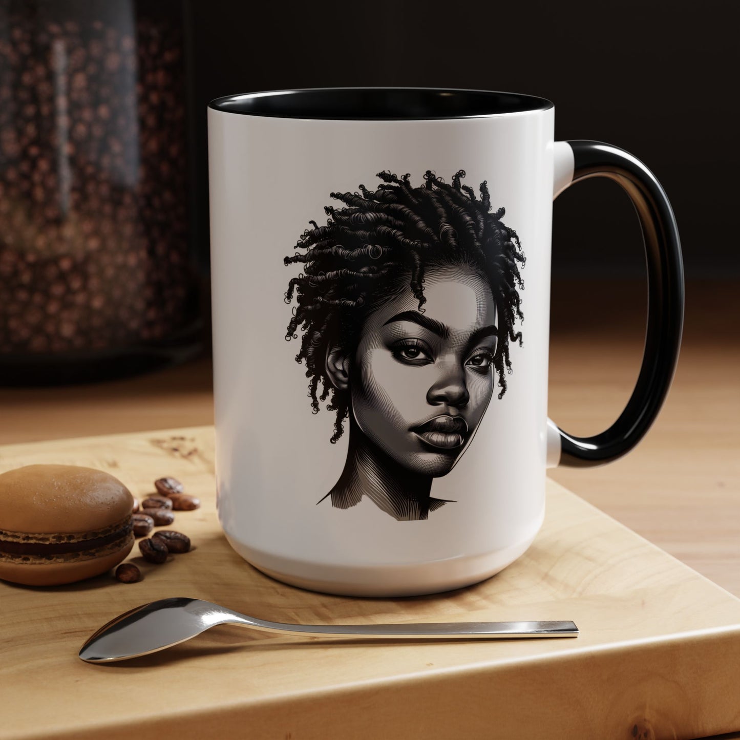 Afrocentric Accent Coffee Mug, Artistic Mug for Home, Unique Gift for Her, Afro Hair Black American African Girl