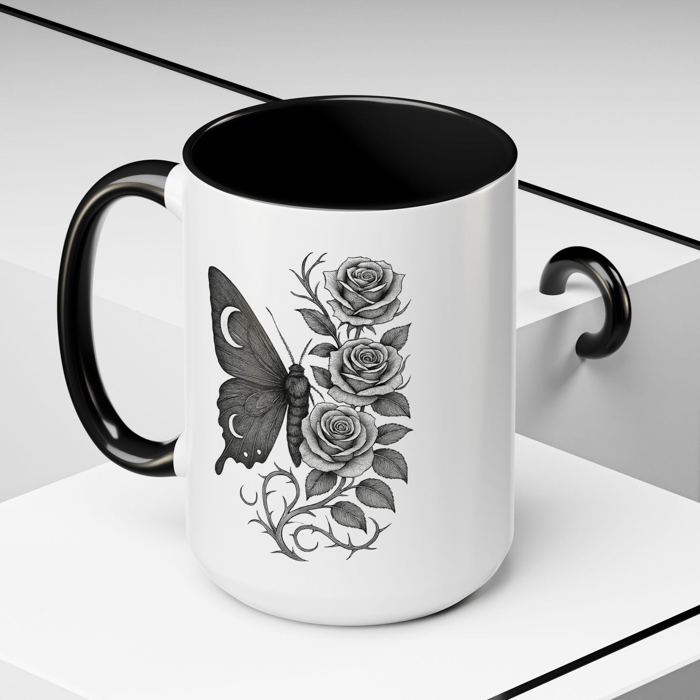 Elegant Floral Butterfly Mug. Black & White Coffee Cup. Home Decor, Gift for Her, Cater to Plant Lovers, Birthday, Everyday Use